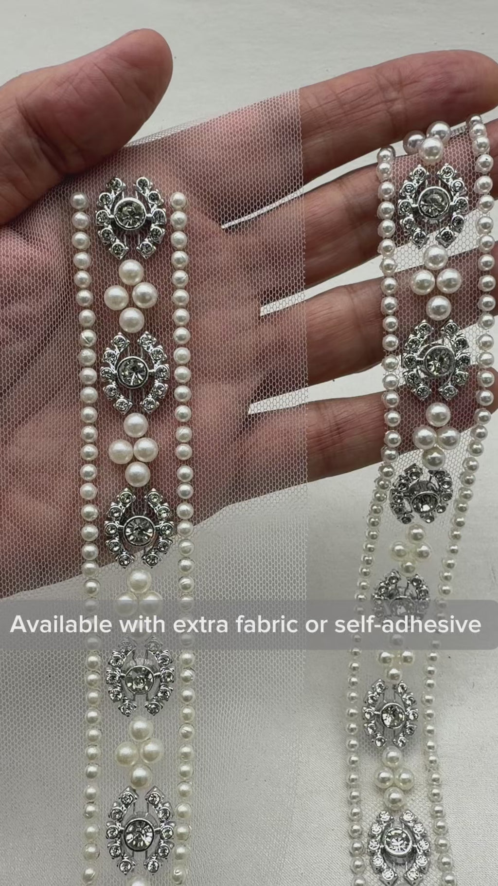 Pearl Rhinestone Trim – Pearl Trim, Bridal Wedding Trim, Crystal Embellishment, Self Adhesive or Sew On, 1” Seam Allowance Option