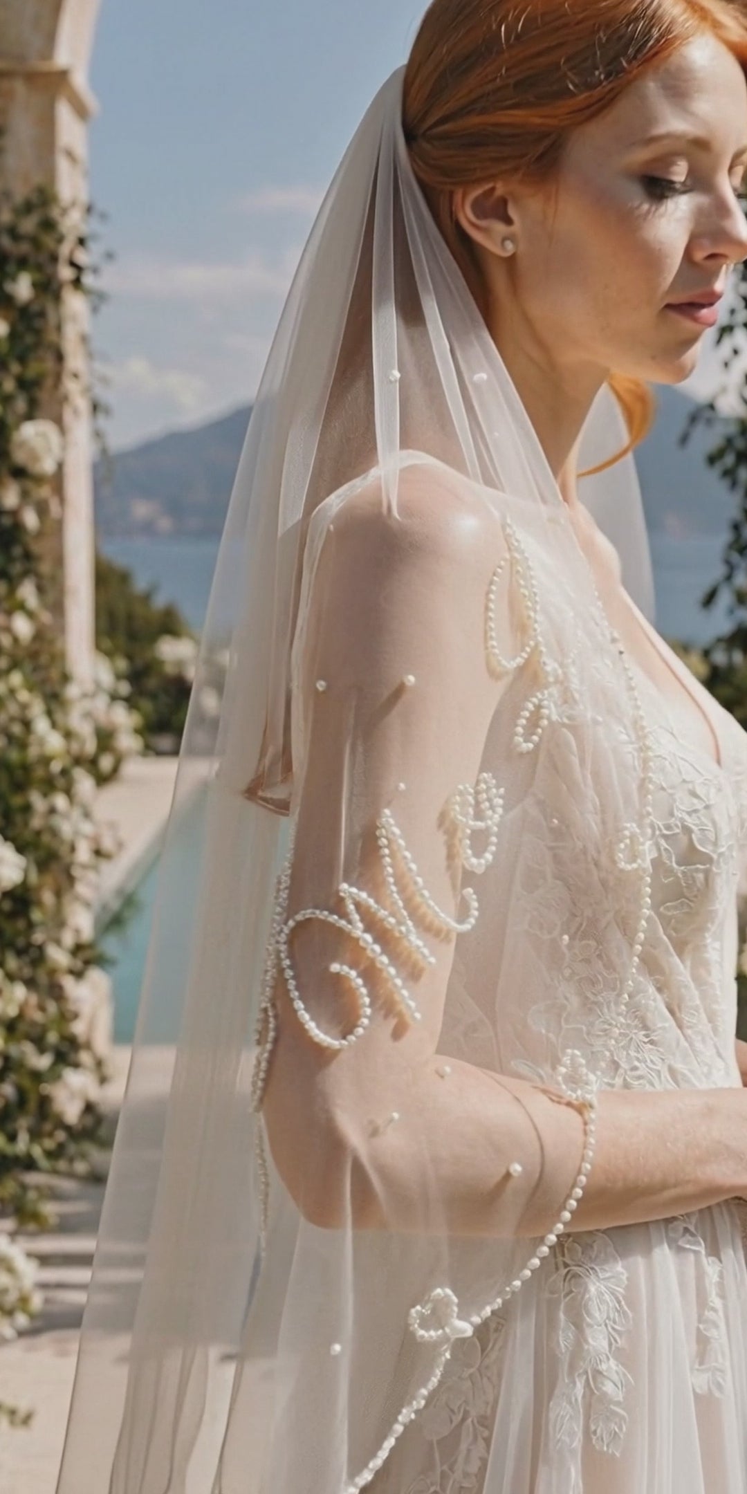 Custom Pearl Lettering Fingertip Veil, Personalized fingertip Bridal Veil , Pearl Edge Wedding Veil, pearl heart and bows veil, Made in USA