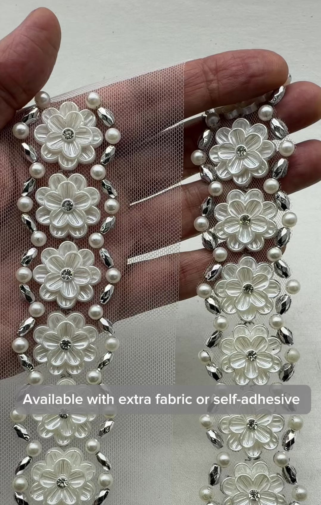 Floral Pearl Beaded Trim – Rhinestone Flower Appliqué Trim – Ivory Bridal Lace Trim – Self Adhesive or Sew On – Made in USA