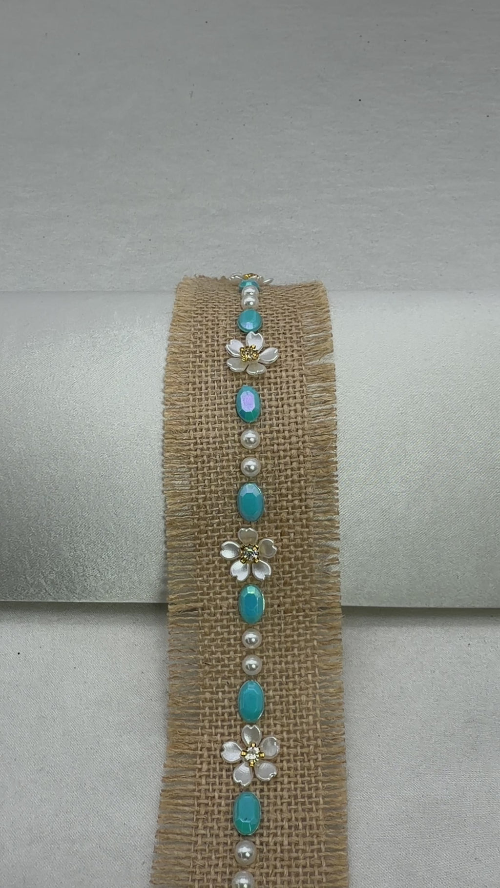 Burlap Boho Beaded  tropical Trim with Turquoise, Pearl & Floral Rhinestone – Self Adhesive or Sew-On Seam Allowance – Rustic Trim