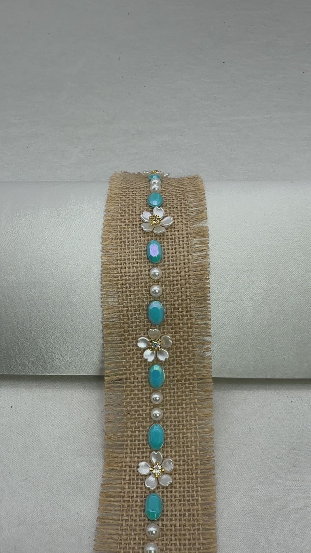 Burlap Boho Beaded  tropical Trim with Turquoise, Pearl & Floral Rhinestone – Self Adhesive or Sew-On Seam Allowance – Rustic Trim
