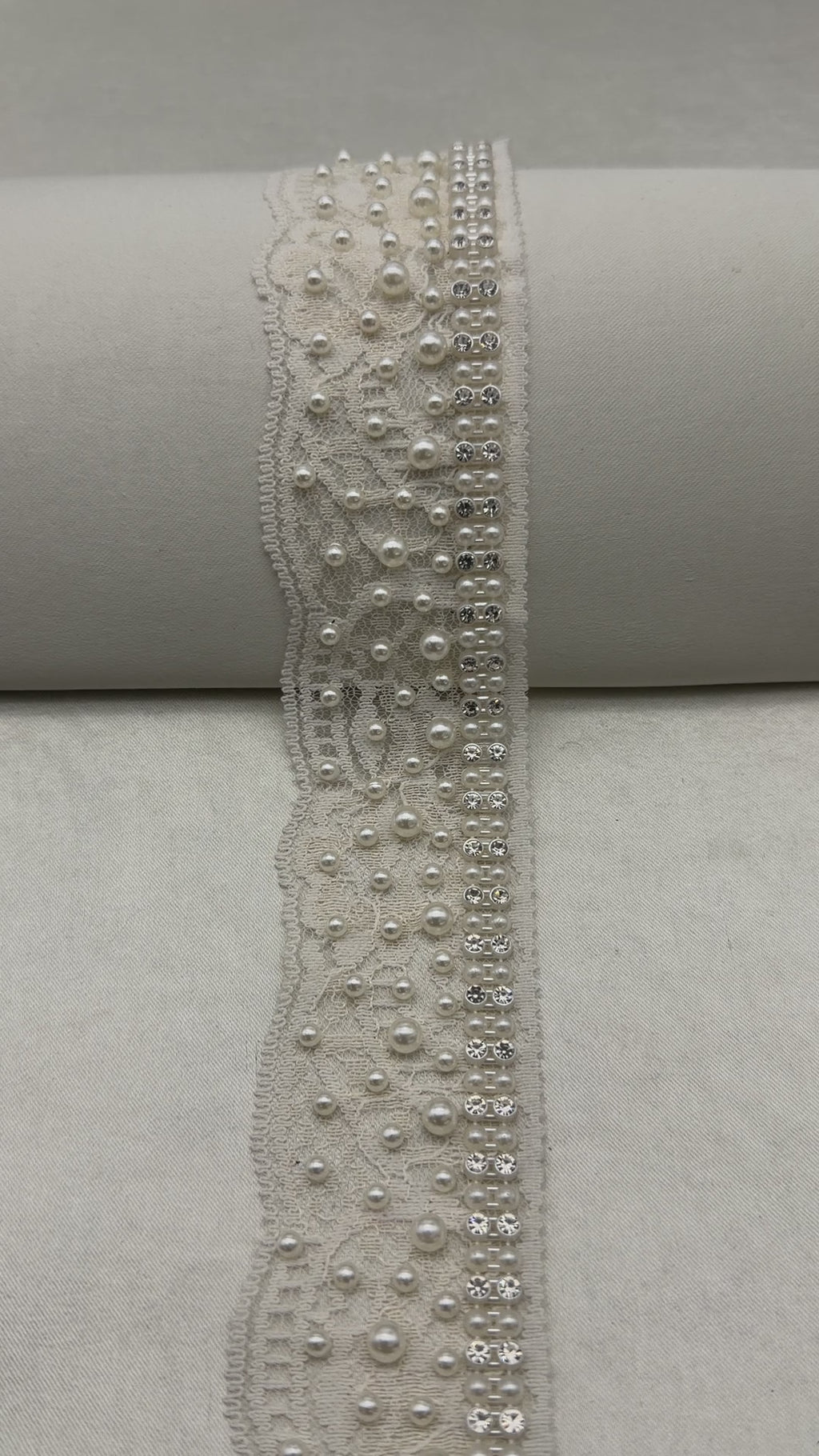 Ivory Pearl Rhinestone Lace Trim – Wide Beaded Scalloped Trim, Bridal Applique, DIY Accessories, Self Adhesive, Luxury Embellishment