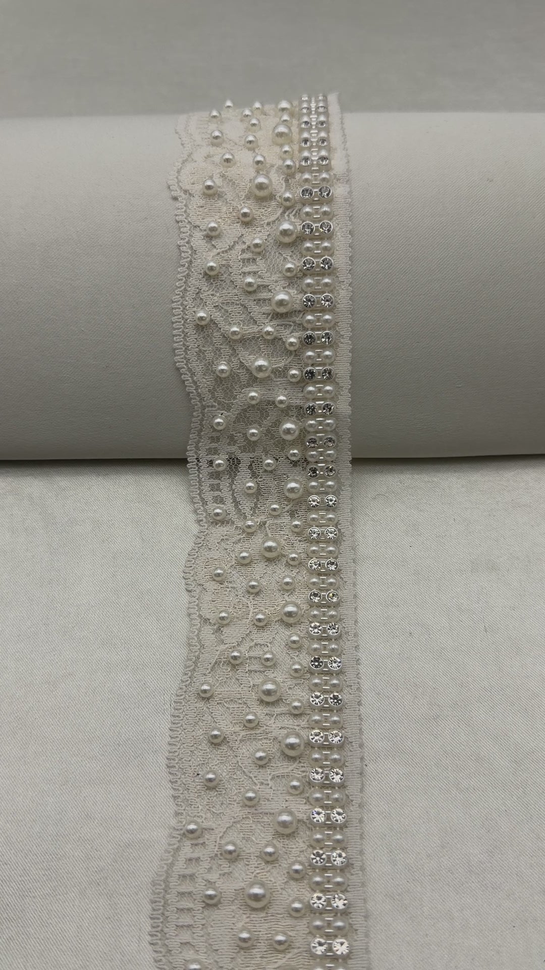Ivory Pearl Rhinestone Lace Trim – Wide Beaded Scalloped Trim, Bridal Applique, DIY Accessories, Self Adhesive, Luxury Embellishment