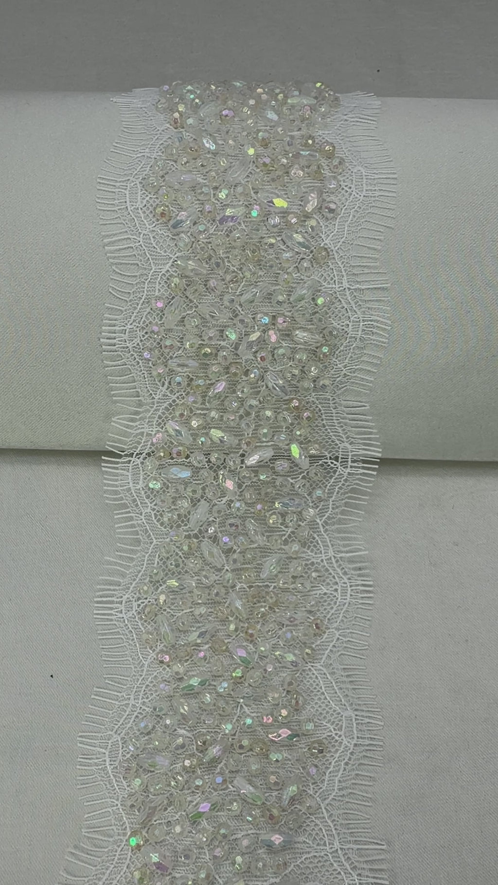 Bridal Beaded Lace Trim, Faceted Oval and Barrel Crystal Trim by the Yard, Rhinestone Wedding Dress Trim, Couture Applique - Made in USA