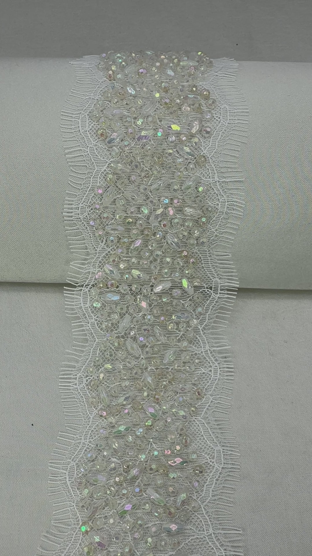 Bridal Beaded Lace Trim, Faceted Oval and Barrel Crystal Trim by the Yard, Rhinestone Wedding Dress Trim, Couture Applique - Made in USA