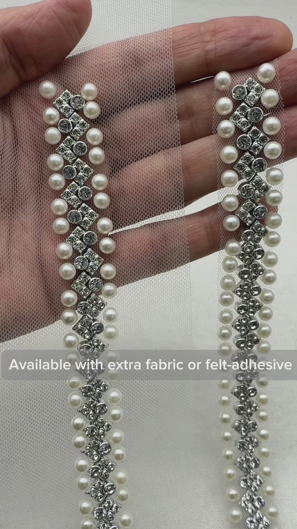 Silver Rhinestone & Ivory Pearl Beaded Trim – Self Adhesive or Sew-On Seam Allowance – Bridal Crystal Trim for Dress, Collar, Belt