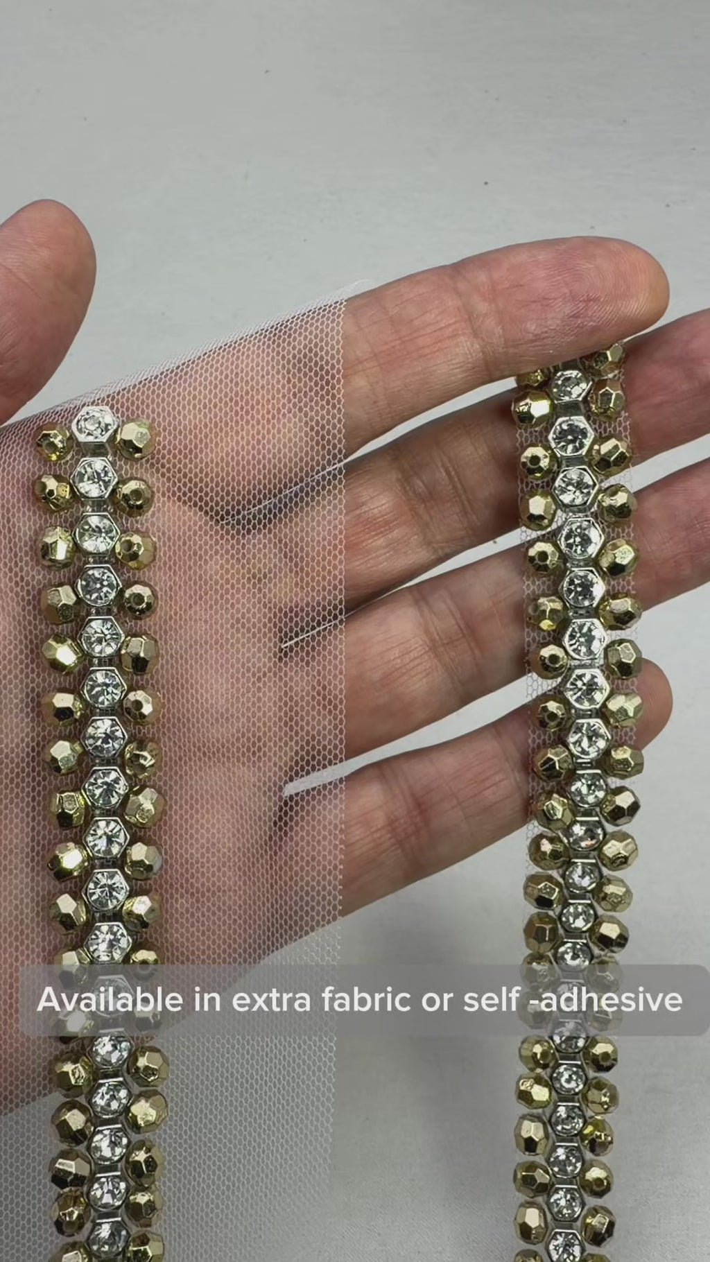 Rhinestone Pearl Beaded Trim by the Yard, Center Crystal Chain Trim with Beaded Edges, Bridal Designer Sewing Trim, Self Adhesive Option