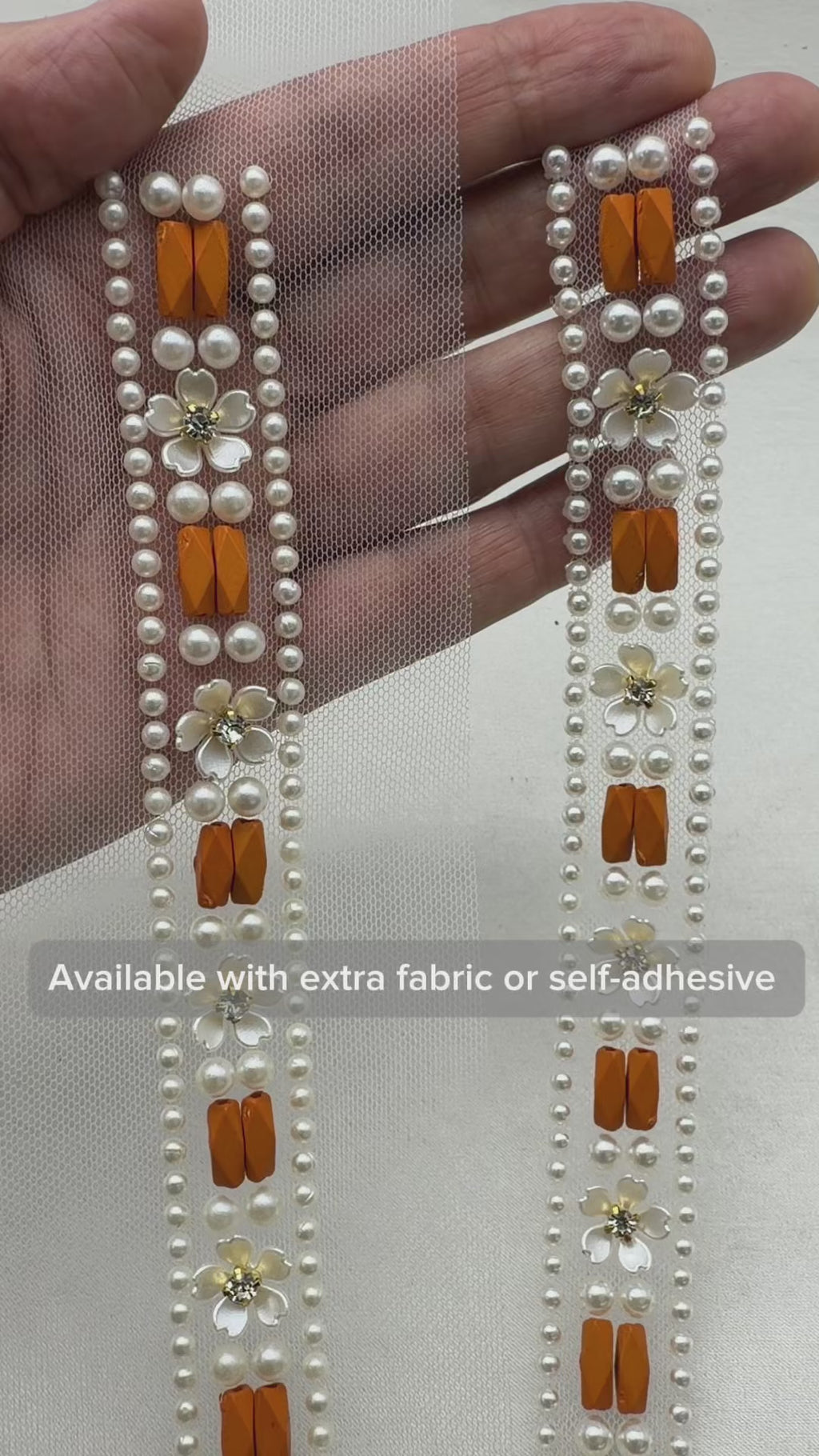 Ivory Pearl & Orange Beaded Trim with Floral Crystal – Self Adhesive or Sew-On Seam Allowance – Boho Trim for Dress, Collar, DIY, Cuffs