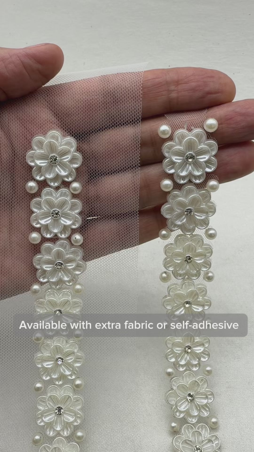 Ivory Floral Pearl Beaded Trim with Crystal Centers – Self Adhesive or Sew-On Seam Allowance – Bridal Flower Trim for Dress, Veil, Sash