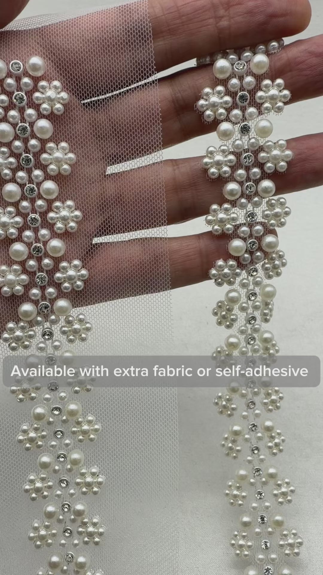 Ivory Pearl Floral Cluster Trim with Rhinestones – Self Adhesive or Sew-On Seam Allowance – Bridal Beaded Trim for Dress, Veil, Collar