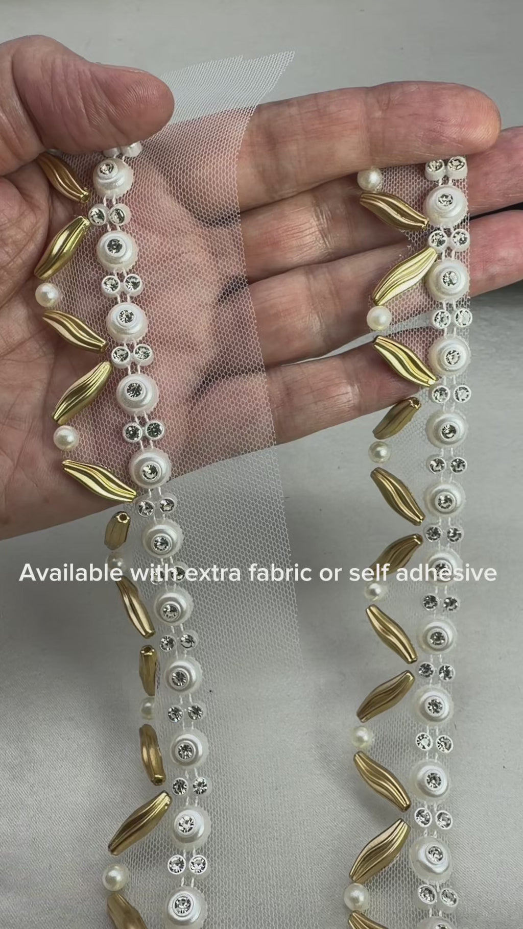 Matte Gold & Ivory Pearl Rhinestone Trim – Self Adhesive or Extra Fabric Seam Allowance –  Beaded Trim for Dress, Collar -Made In USA