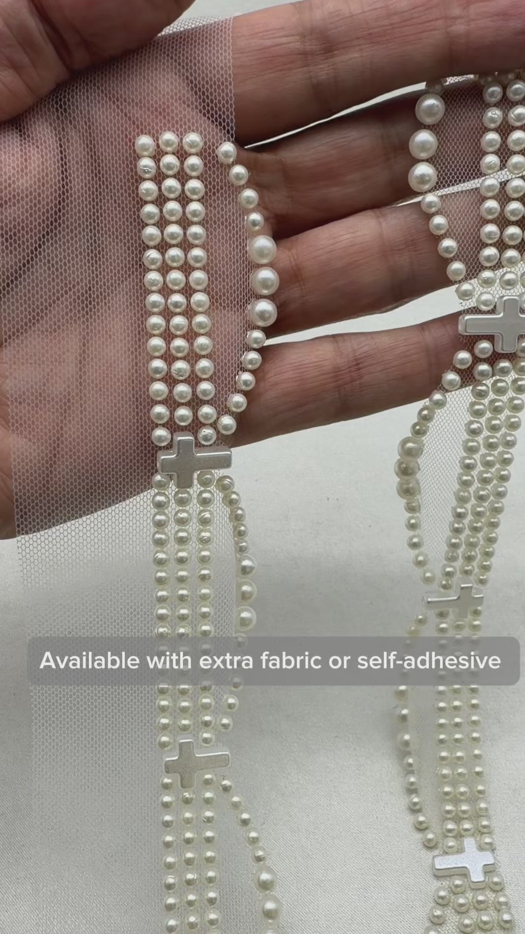 Faux Pearl Cross and scallops Trim – Self Adhesive Pearl Lace For Baptism, Communion Dress, and religious events trim. Made in USA