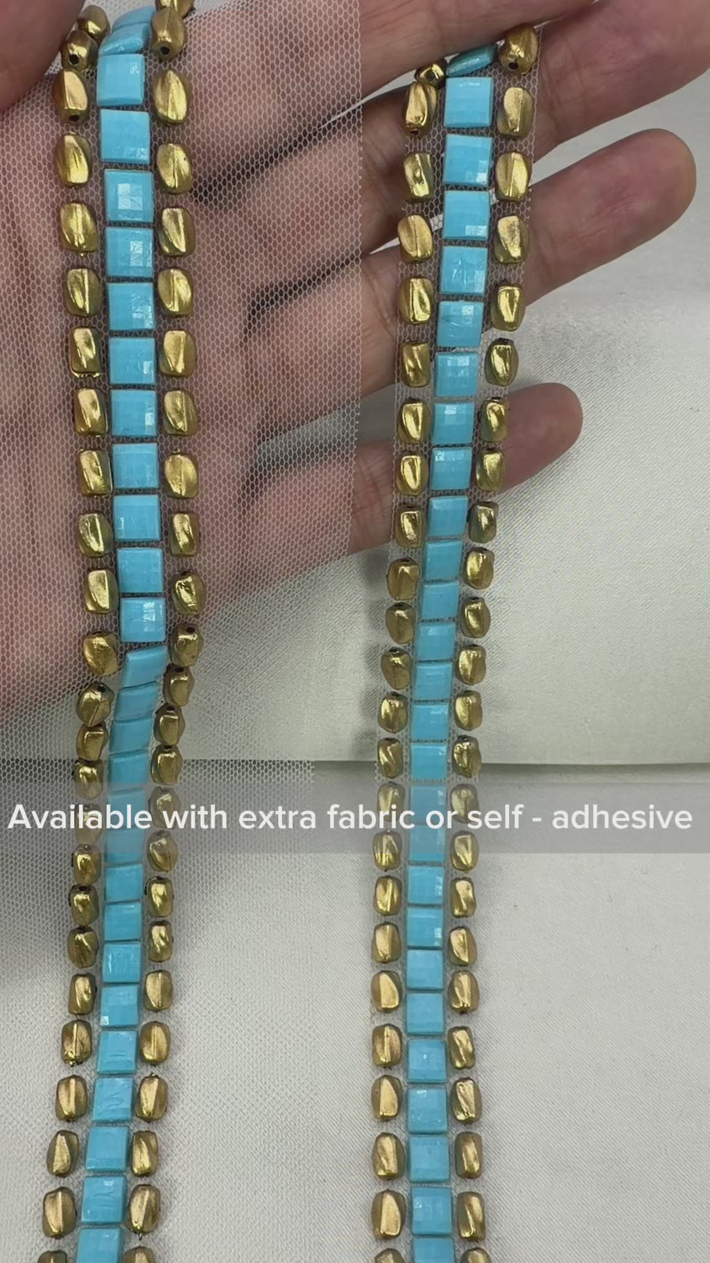 Turquoise Gold Beaded Trim by the Yard, Boho Rhinestone Embellishment, Designer Sewing Trim for Clothing, Bags, Accessories - Made in USA