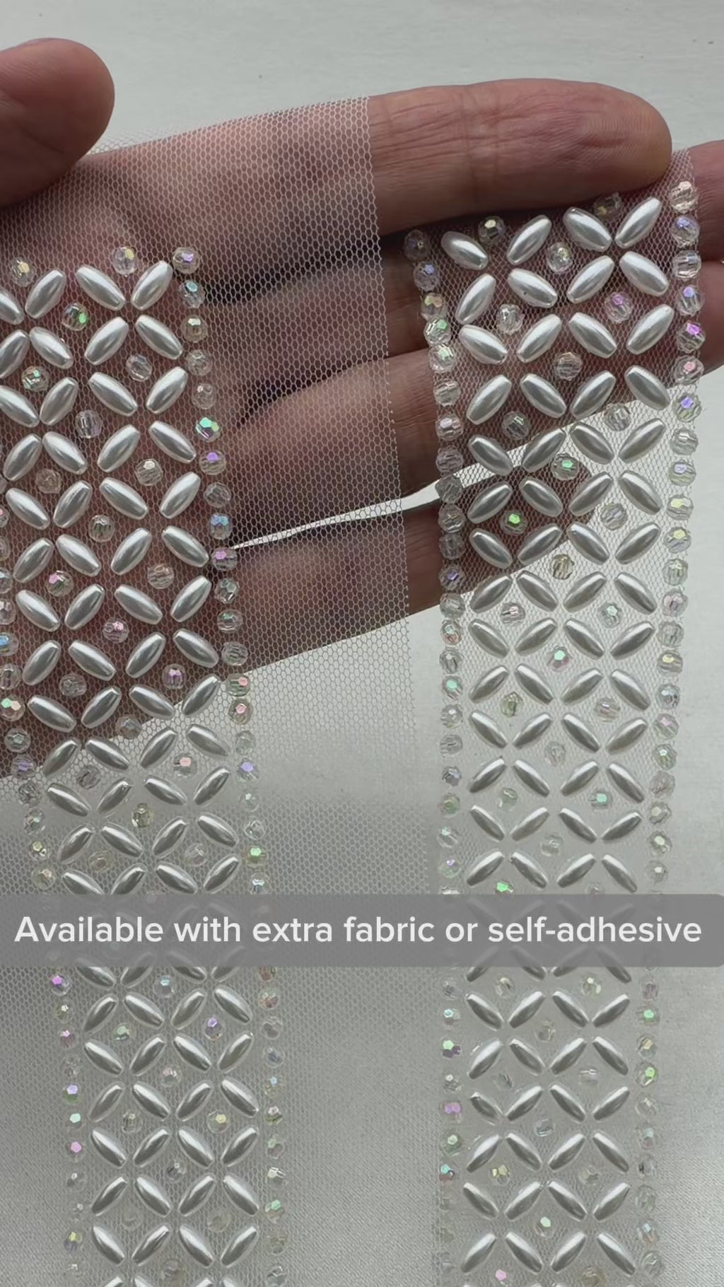 Iridescent Crystal & Ivory Pearl Beaded Trim – Self Adhesive or Sew-On Seam Allowance – AB Rhinestone Trim for Dress, Veil, Sash, DIY
