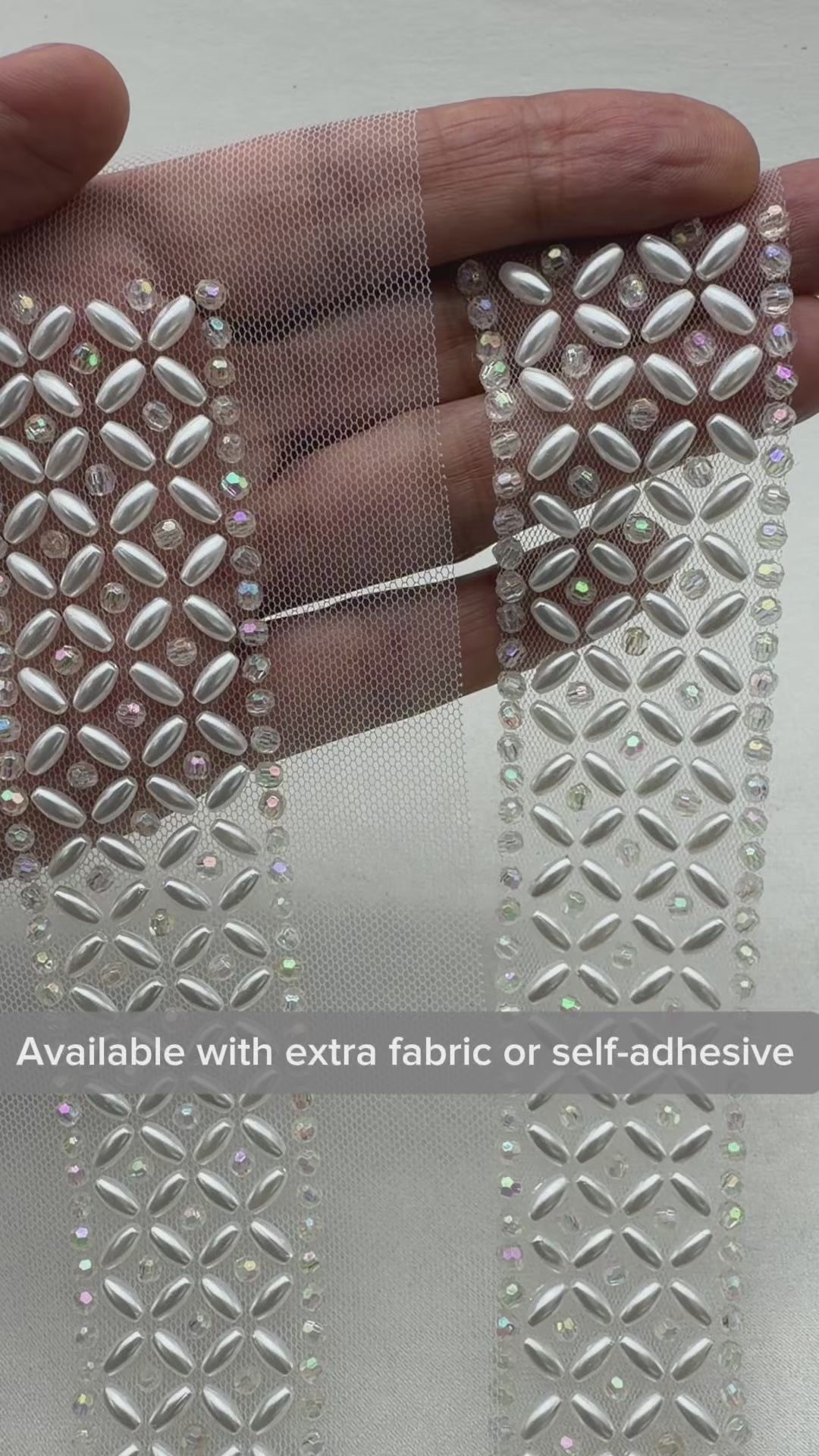 Iridescent Crystal & Ivory Pearl Beaded Trim – Self Adhesive or Sew-On Seam Allowance – AB Rhinestone Trim for Dress, Veil, Sash, DIY