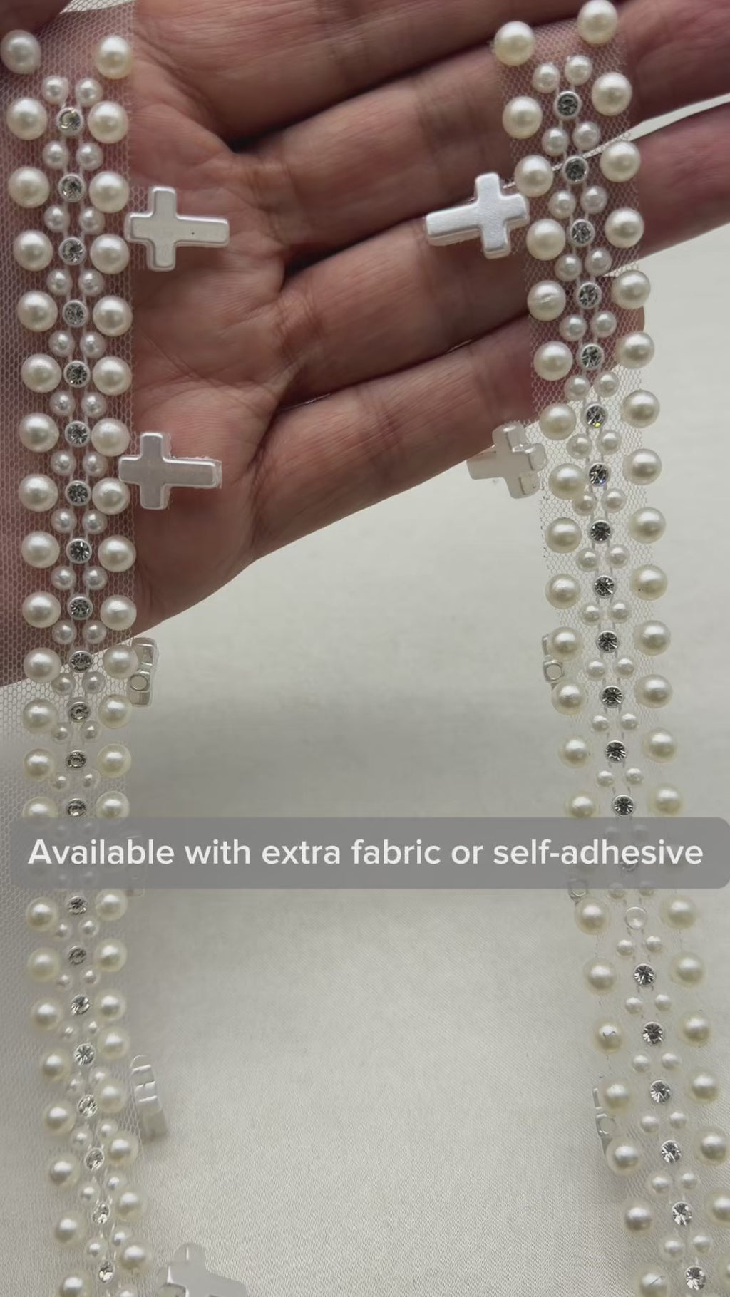 Pearl Cross Trim – Rhinestone & Faux Pearl Scalloped Lace Trim – Religious Bridal Appliqué – Self Adhesive or Sew On – Made in USA