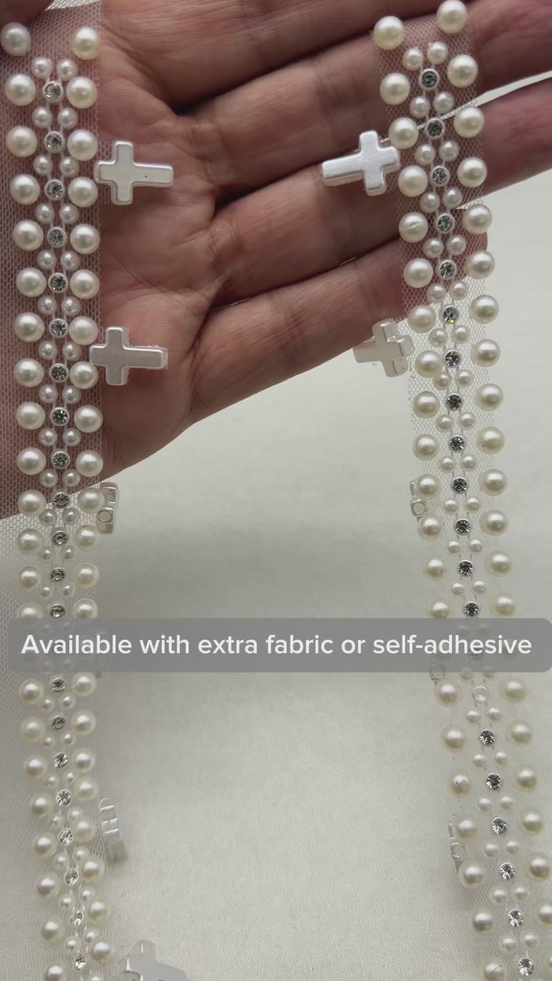Pearl Cross Trim – Rhinestone & Faux Pearl Scalloped Lace Trim – Religious Bridal Appliqué – Self Adhesive or Sew On – Made in USA