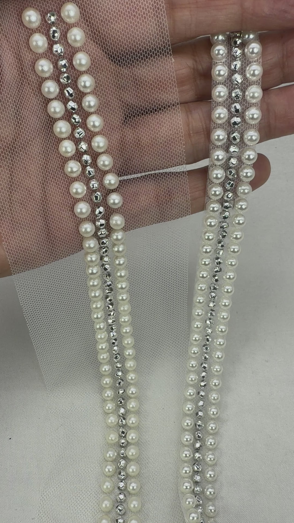 Pearl and silver faceted beads  Trim – Self Adhesive Pearl Trim, Peel and Stick Bridal Trim, Wedding Dress Trim, Sew or peel and stick