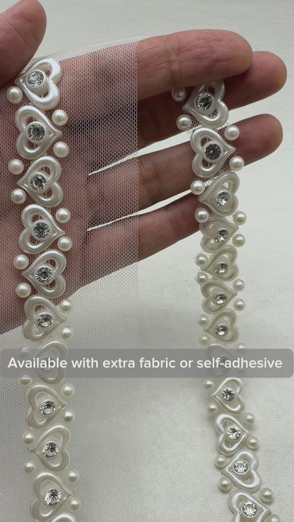 Ivory Pearl Rhinestone Heart Trim – Self Adhesive - Seam Allowance - Made in USA by Faraj Beading