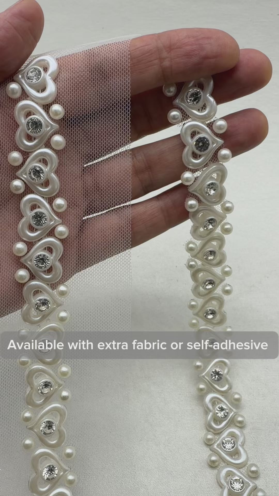 Ivory Pearl Rhinestone Heart Trim – Self Adhesive - Seam Allowance - Made in USA by Faraj Beading