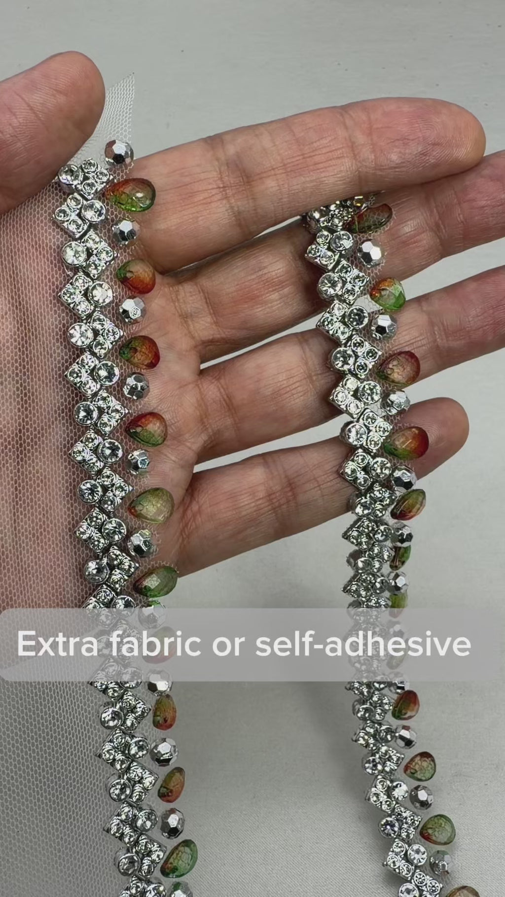 Crystal and Iridescent Beaded Trim – Self Adhesive Rhinestone Trim, Peel and Stick Fabric Trim, Gold Green Accent Trim, Sew or Stick