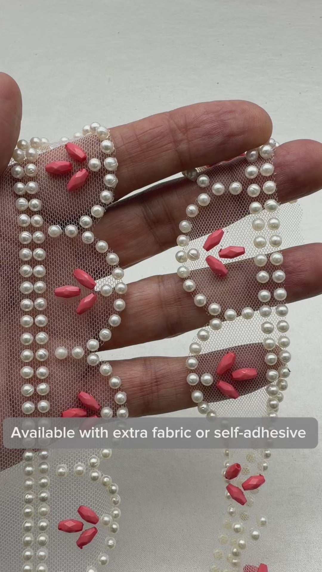 Pearl Scalloped Trim with Coral Beaded Accents - Self Adhesive