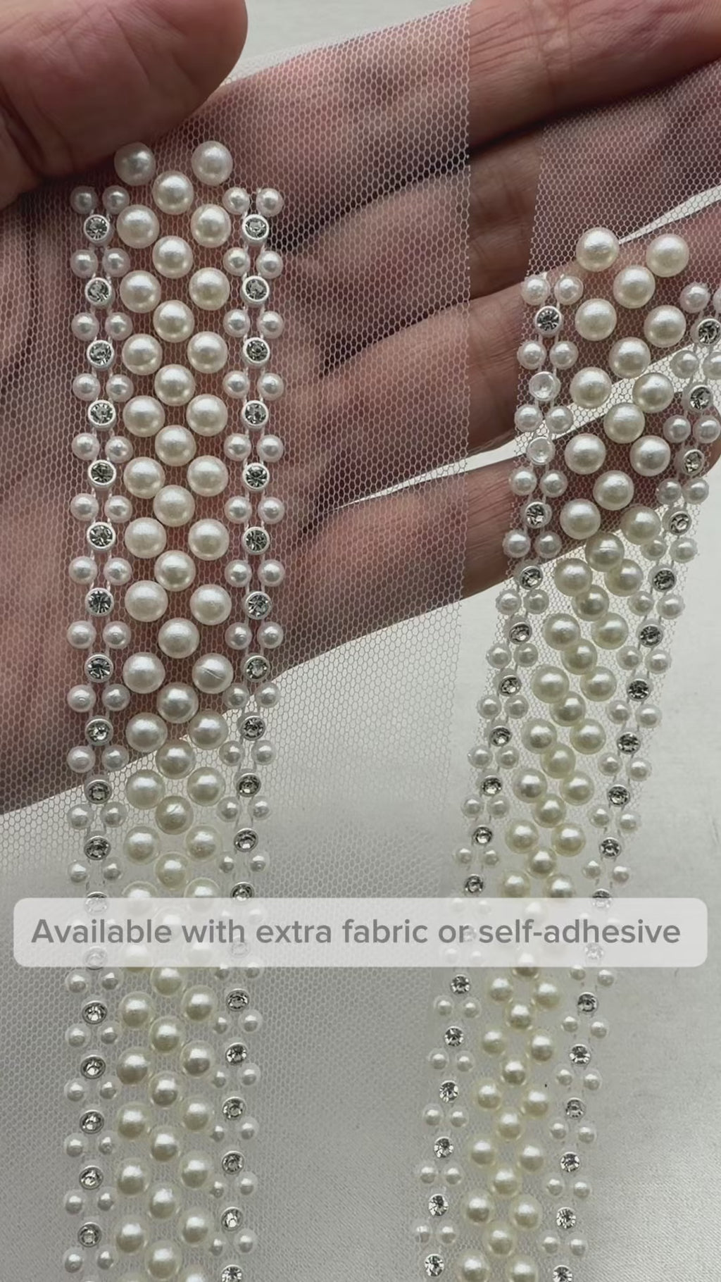 Multi Row Pearl Beaded Trim – Rhinestone Pearl Lace Trim – Ivory Bridal Trim – Sew On or Self Adhesive – Made in USA