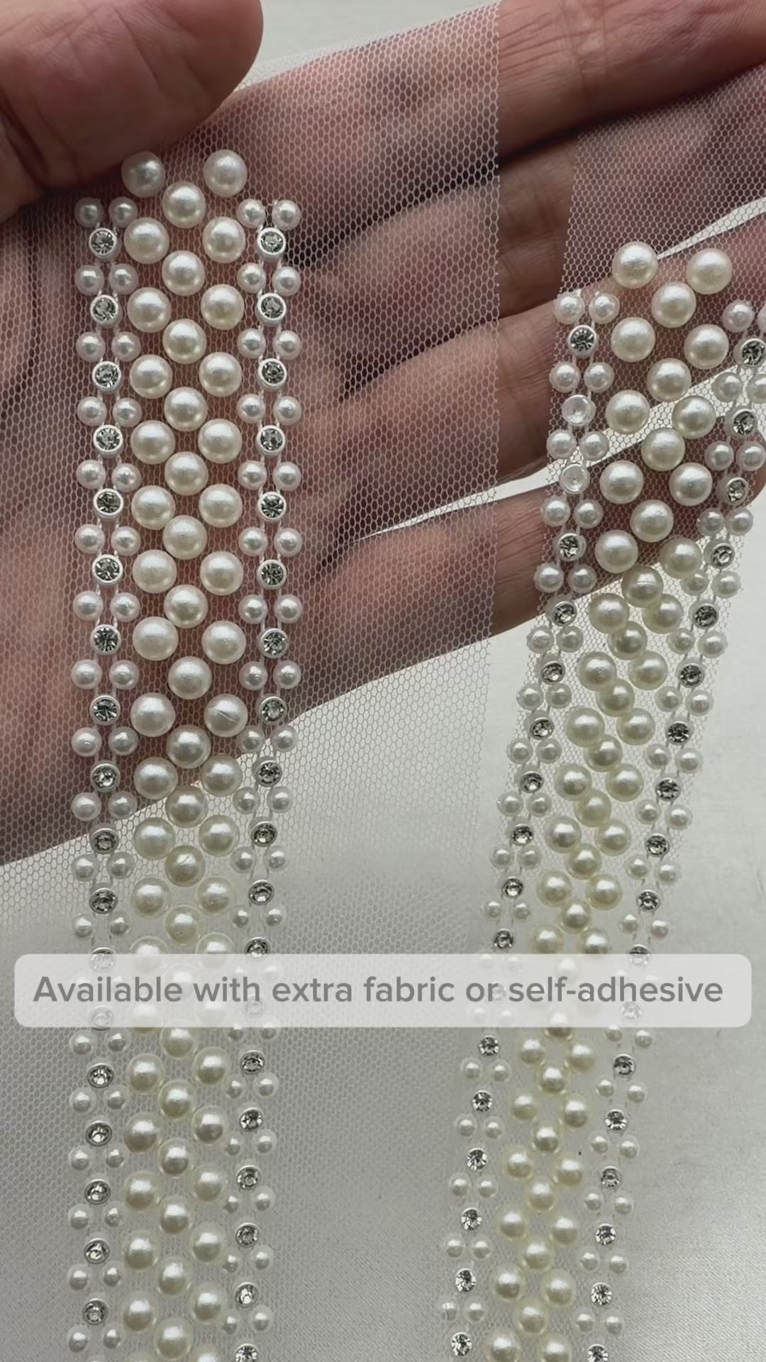 Multi Row Pearl Beaded Trim – Rhinestone Pearl Lace Trim – Ivory Bridal Trim – Sew On or Self Adhesive – Made in USA
