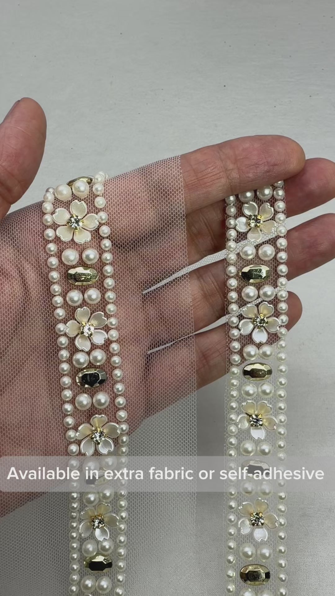 Pearl & Gold Rhinestone Floral Trim – Self Adhesive or Sew-On Seam Allowance – Luxury Bridal Beaded Trim for Dress, Veil, Collar