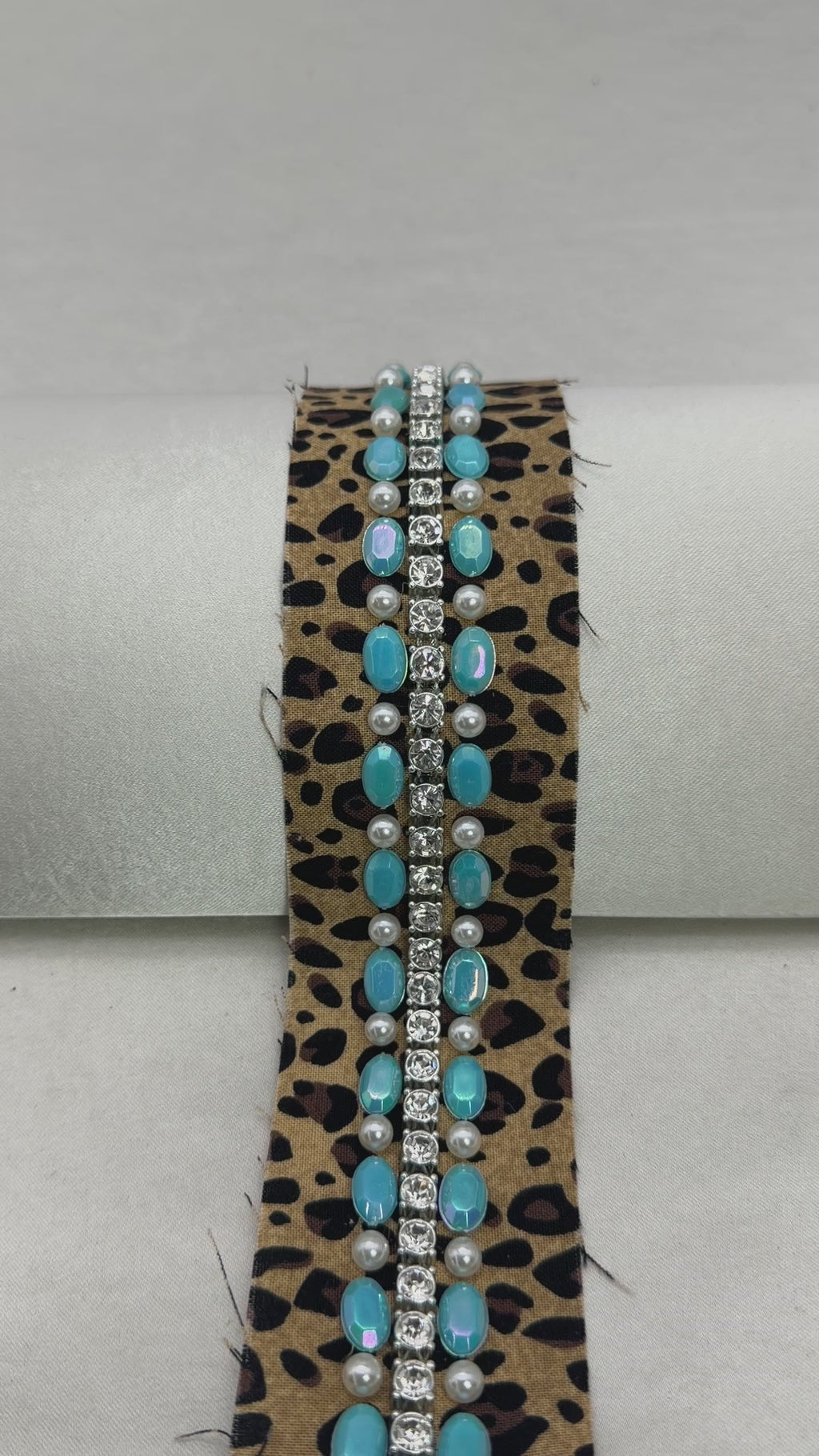 Leopard Print Beaded ribbon embellished with Turquoise Oval Resin Beads, Rhinestone & faux Pearls. Made Proudly in USA by Faraj beading