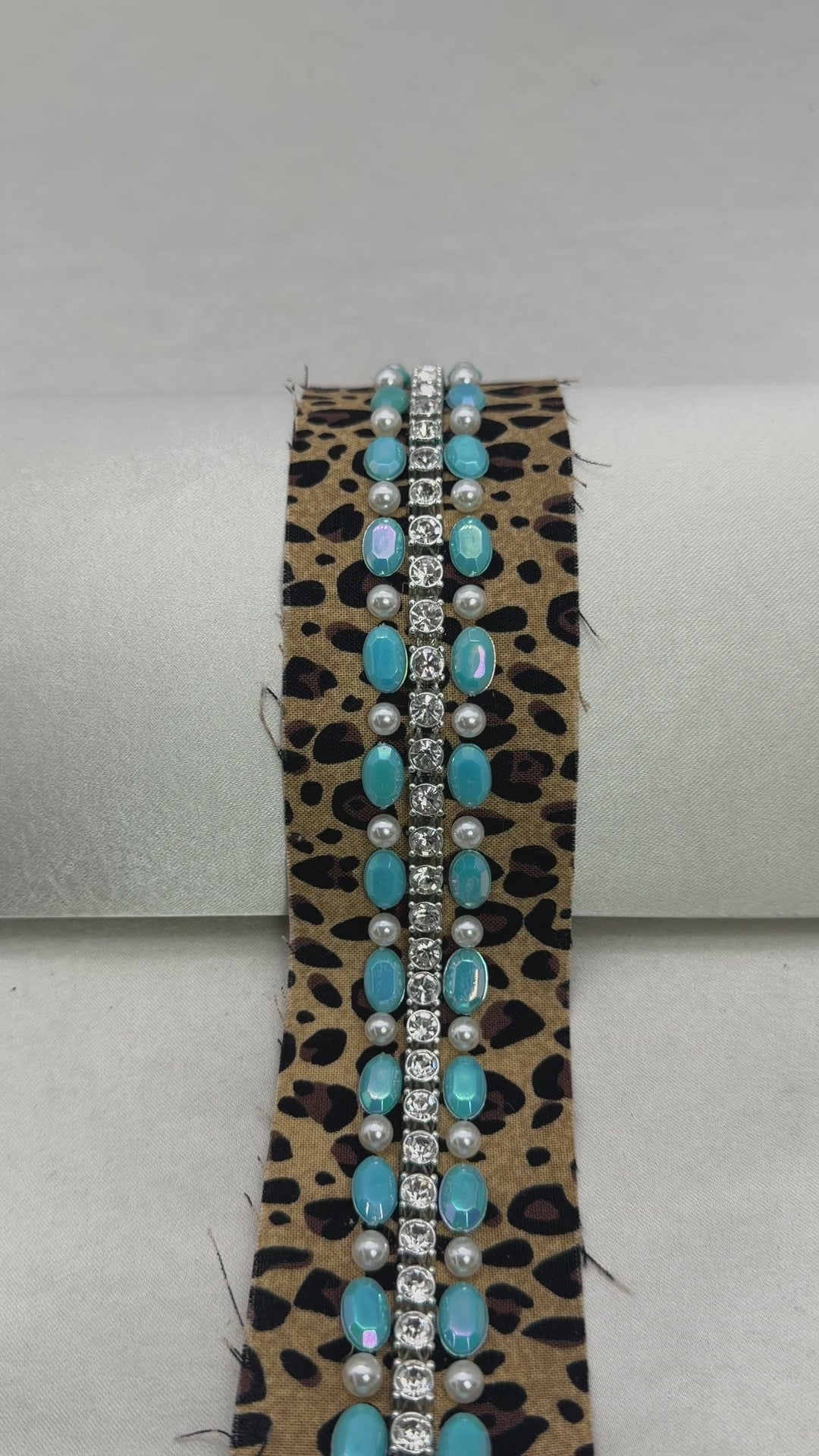 Leopard Print Beaded ribbon embellished with Turquoise Oval Resin Beads, Rhinestone & faux Pearls. Made Proudly in USA by Faraj beading