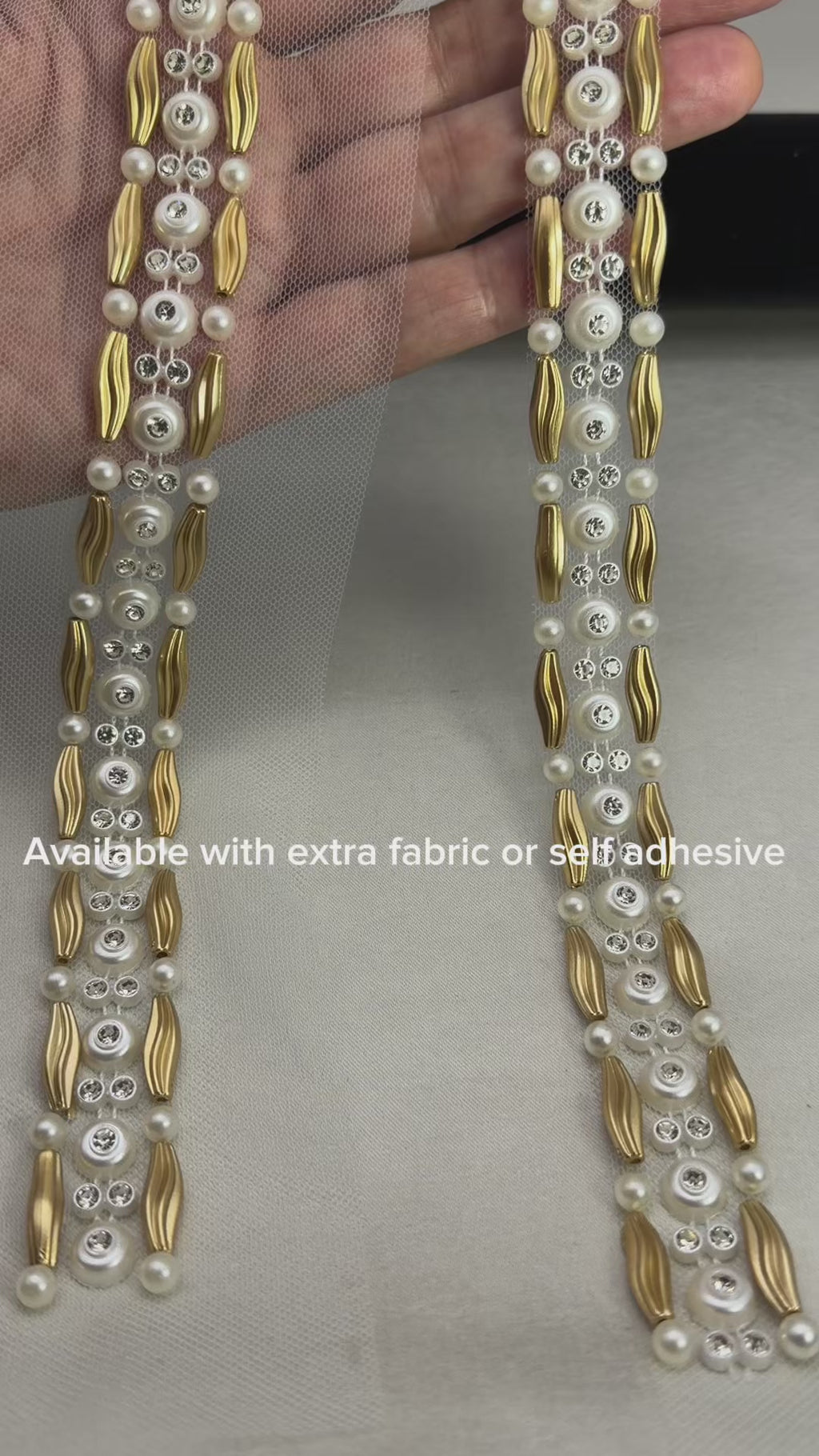 Matte Gold & Ivory Pearl Rhinestone Trim – Self Adhesive or Sew-On  – Beaded Trim for Dress, Collar, Cuff, Accessories DIY