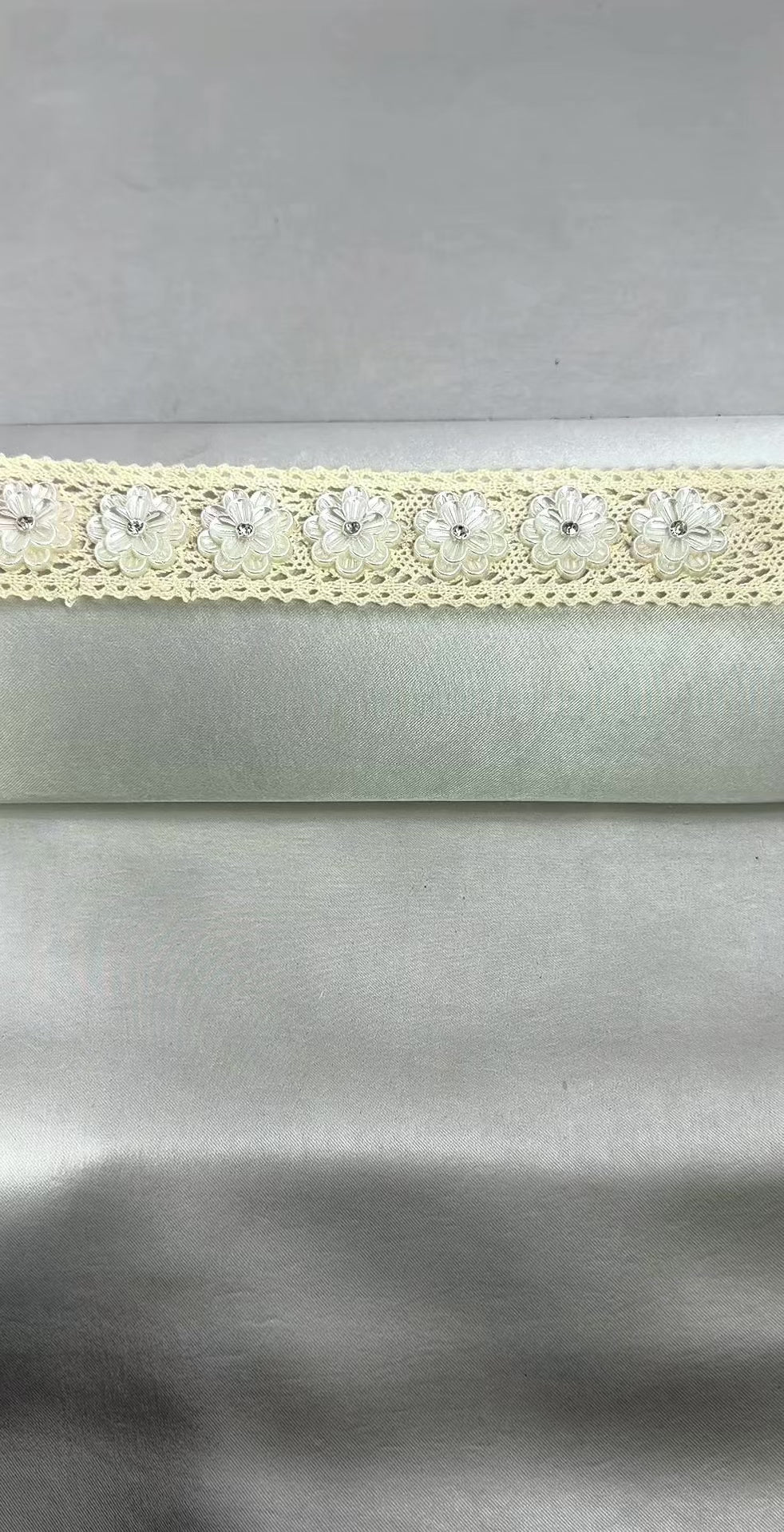 Ivory cotton Lace Trim with Pearlized Flowers & Rhinestone Centers Sash, DIY projects, country projects, adhesive backing.