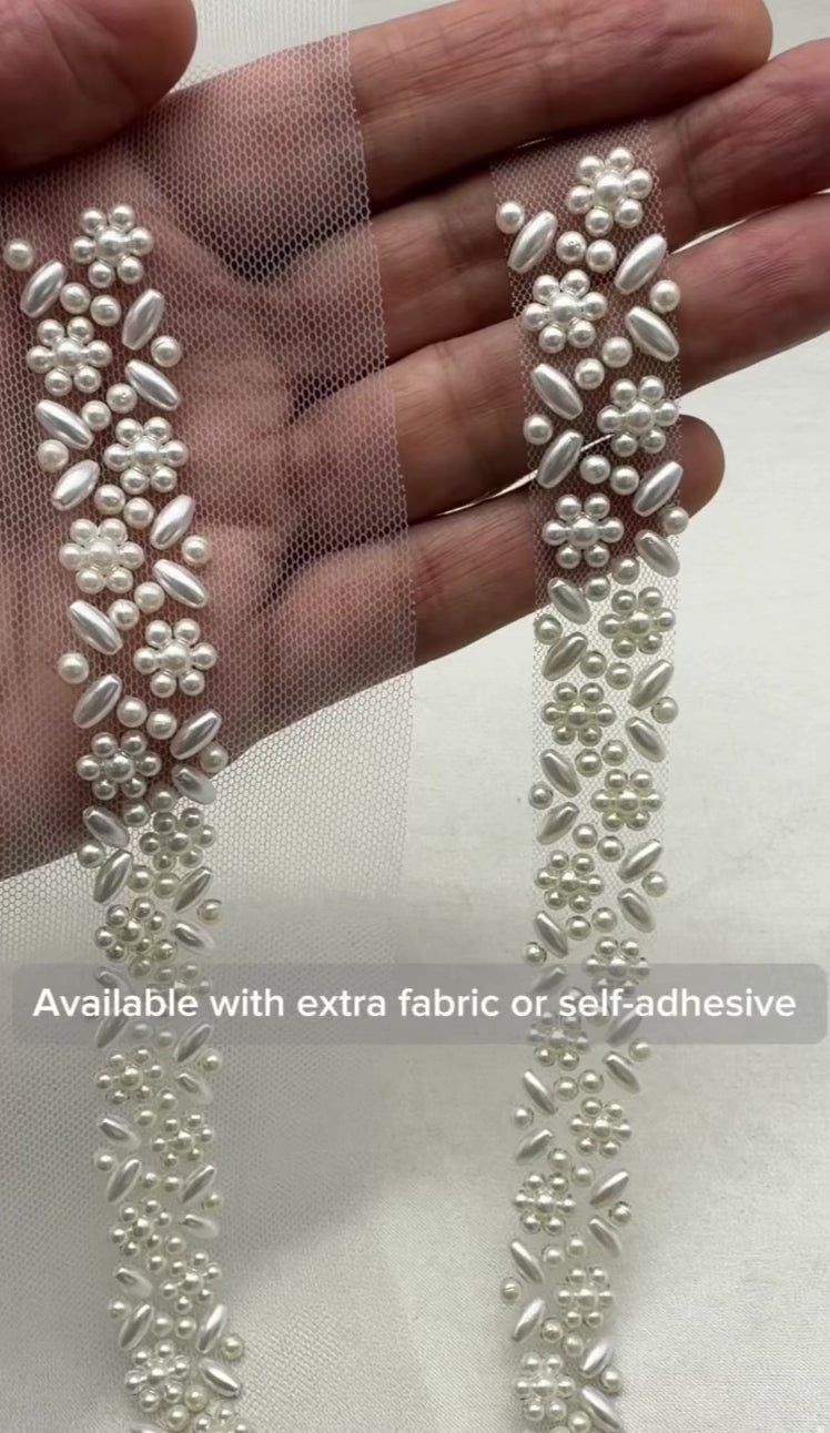 Ivory delicate Pearl Floral Beaded Trim – Self Adhesive or Sew-On Seam Allowance – Bridal Pearl Trim for Dress, Veil, Collar, Cuff