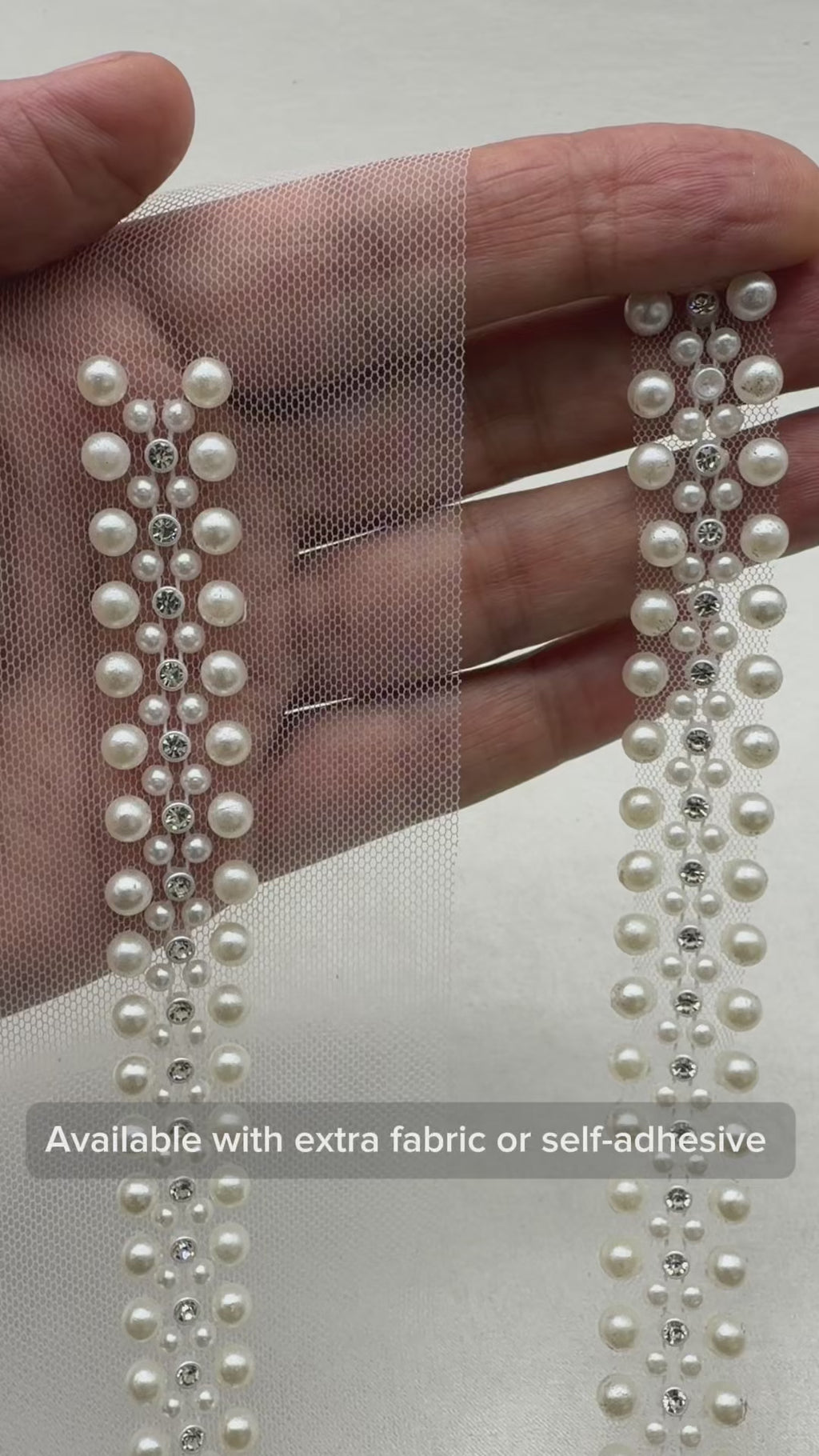 Ivory Pearl & Crystal Beaded Trim – Self Adhesive or Sew-On Seam Allowance – Bridal Pearl Rhinestone Trim for Dress, Collar, Cuff
