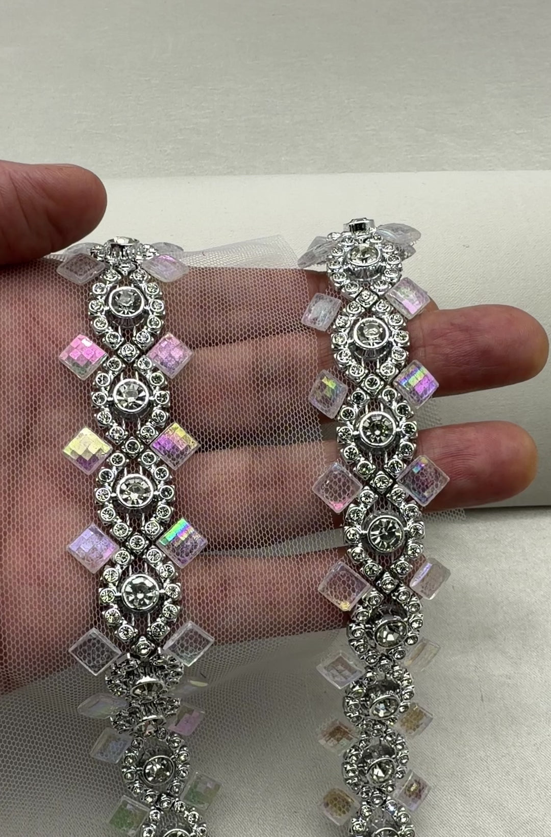 Crystal Rhinestone Trim – Self Adhesive Bridal Trim, Iridescent Beaded Trim, Peel and Stick Wedding Dress Applique, Sew or Stick Option