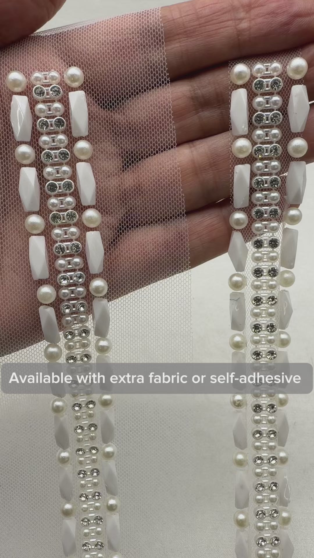 Ivory Pearl & Crystal Beaded Trim – Self Adhesive Rhinestone Applique Trim – DIY Bridal, Wedding Dress, Collar, Cuff Embellishment