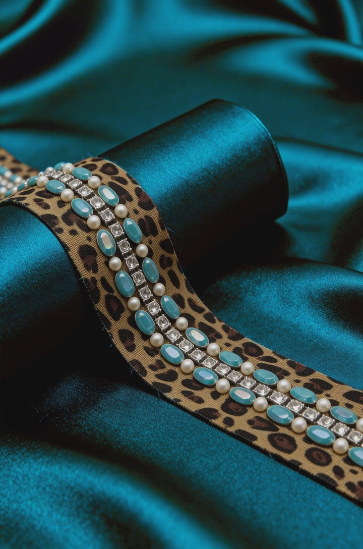 Leopard Print Beaded ribbon embellished with Turquoise Oval Resin Beads, Rhinestone & faux Pearls. Made Proudly in USA by Faraj beading
