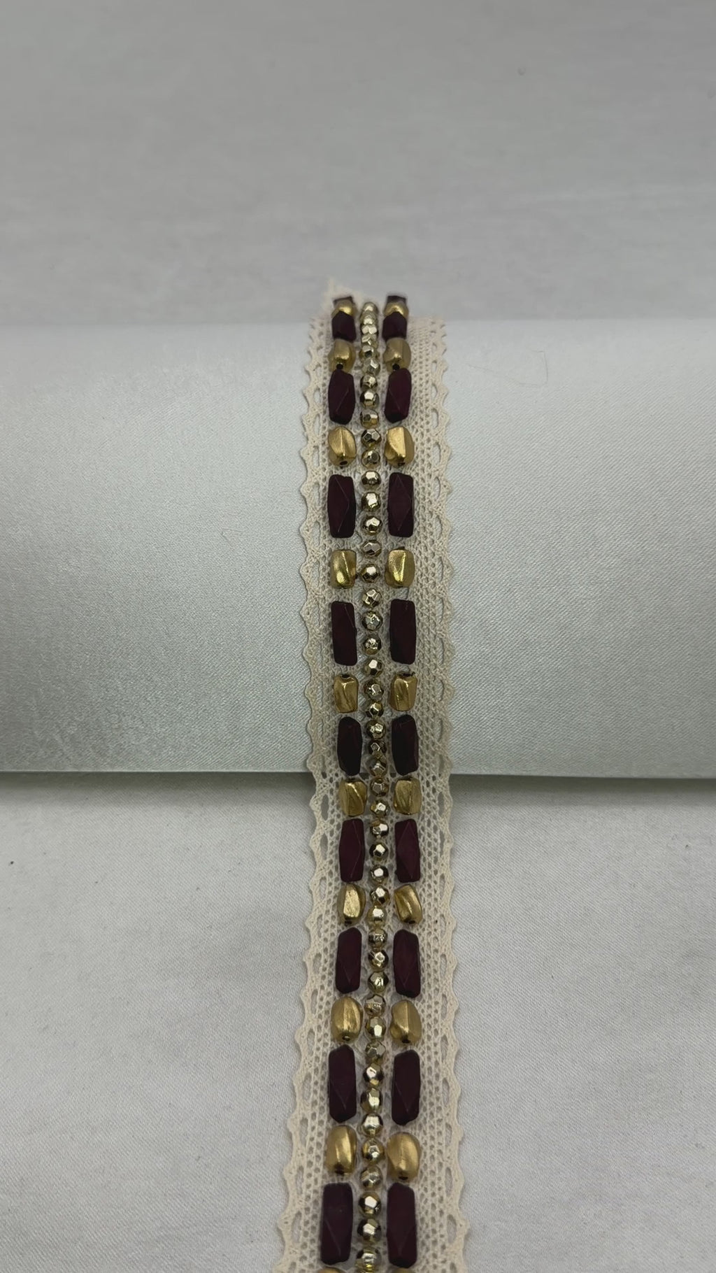 Matte Gold and wood-look  Beaded Trim on Ivory cotton Lace with DIY Self Adhesive and Sew on