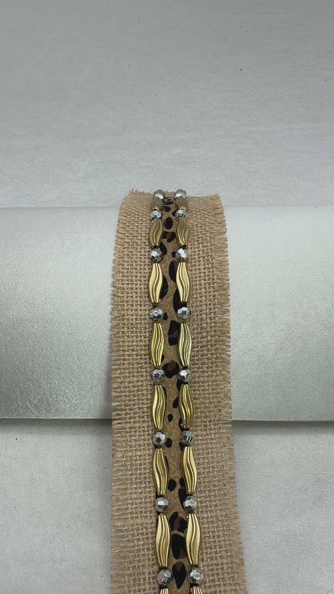 Gold and Silver beads Leopard print on Burlap Base Trim -Self Adhesive
