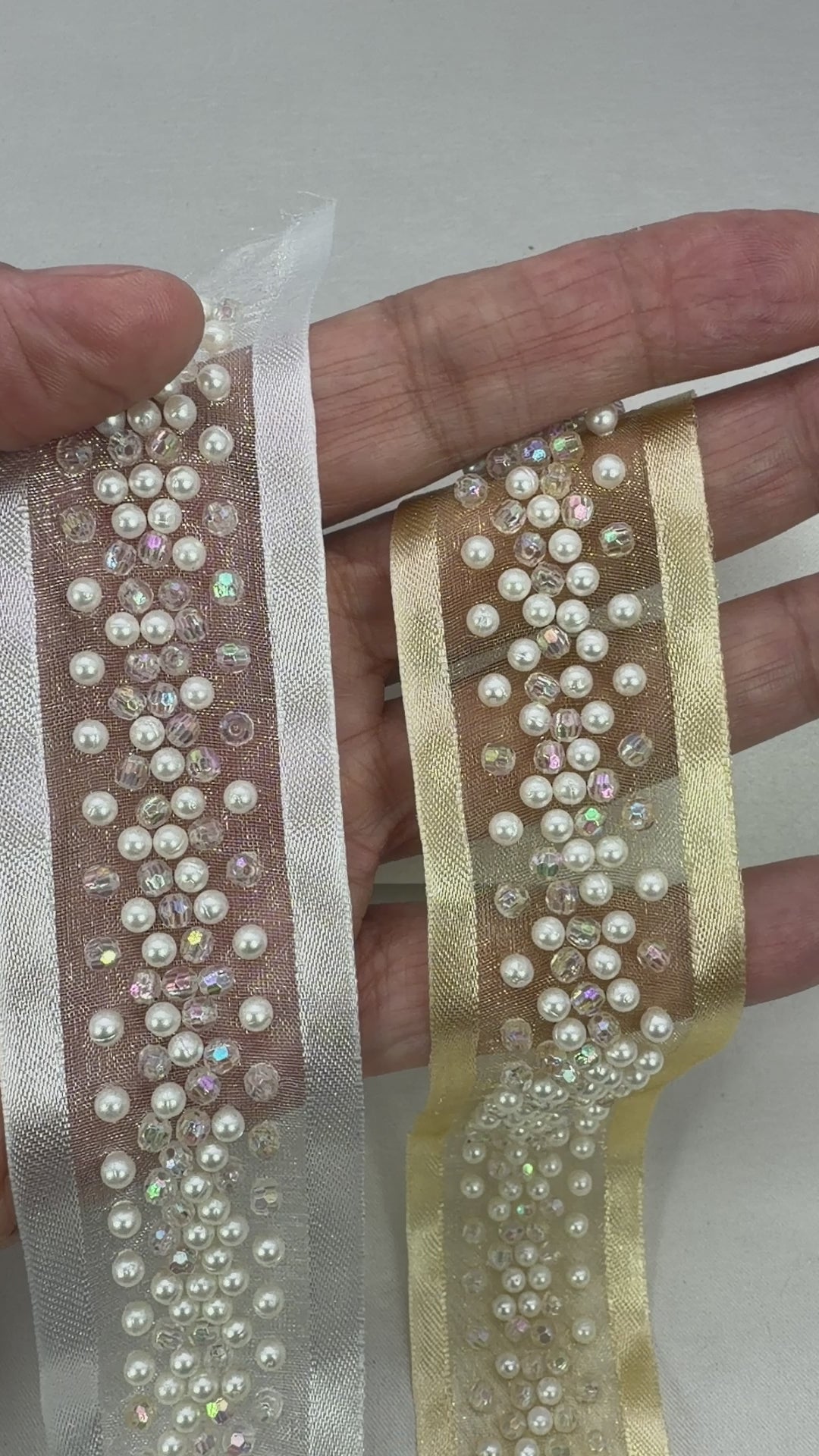 Pearl Beaded Trim – Ivory or Champagne Bridal Trim – Rhinestone Pearl Ribbon Trim – Self Adhesive or Sew On – Made in USA