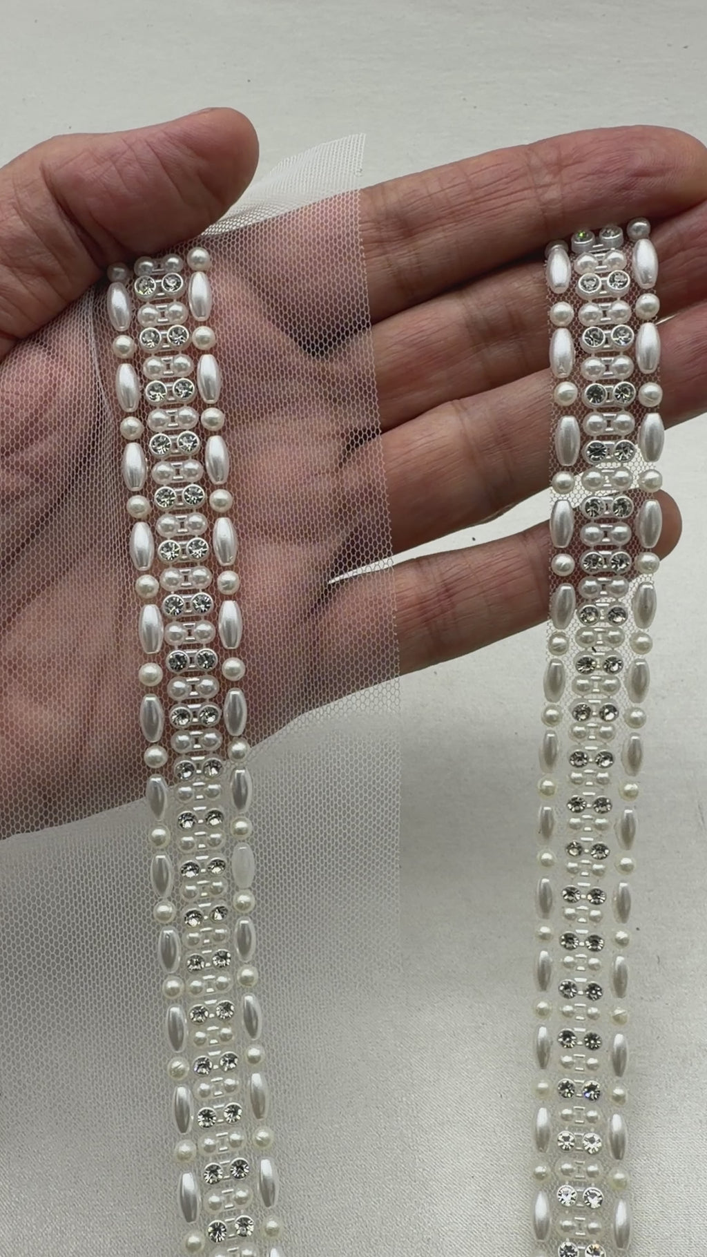 Silver Pearl Rhinestone Trim – Wide Beaded Trim, Bridal Wedding Embellishment, Crystal Trim, Self Adhesive or Sew On, 1” Seam Allowance