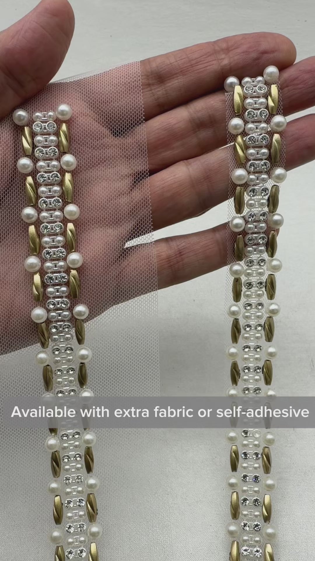 Matte Gold beads Pearl Rhinestone Trim – Decorative Embellishment, Sewing or Self Adhesive Trim, 1” Seam Allowance Option - Made In USA