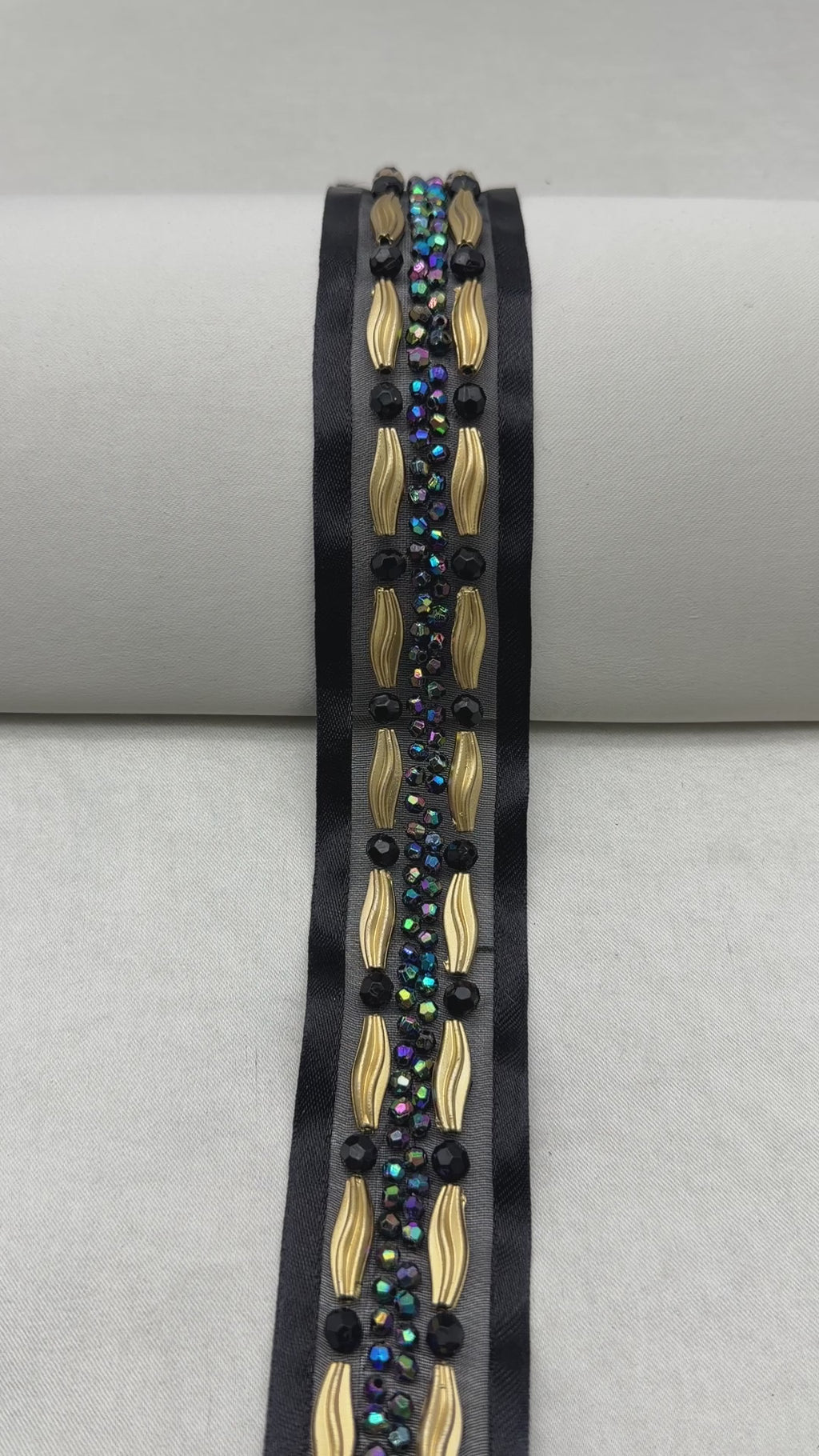 Black Gold Beaded Trim – Iridescent Rhinestone Designer Trim – Luxury Statement Ribbon Trim – Sew On or Self Adhesive – Evening DIY