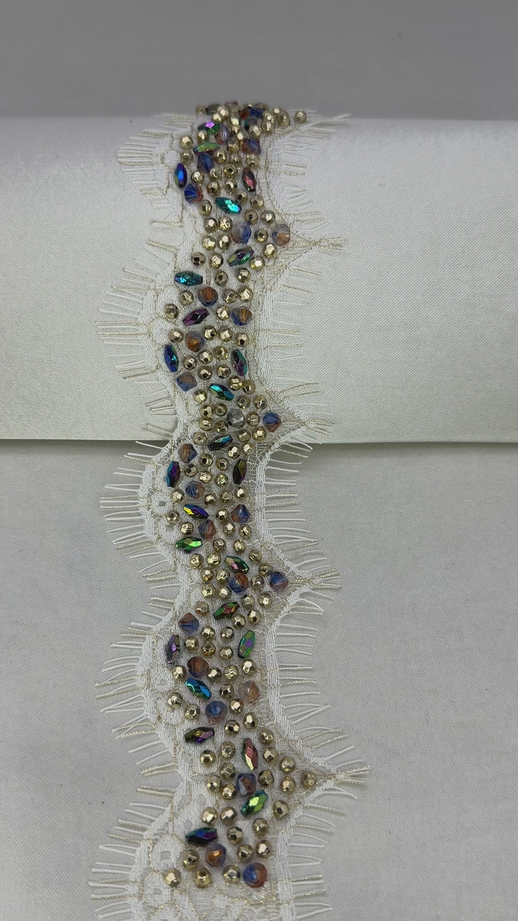 Multicolor Beaded Lace Trim, Iridescent Rhinestone & Gold Bead Trim, Bridal Couture Trim, Dress Embellishment, Sewing Trim by the Yard