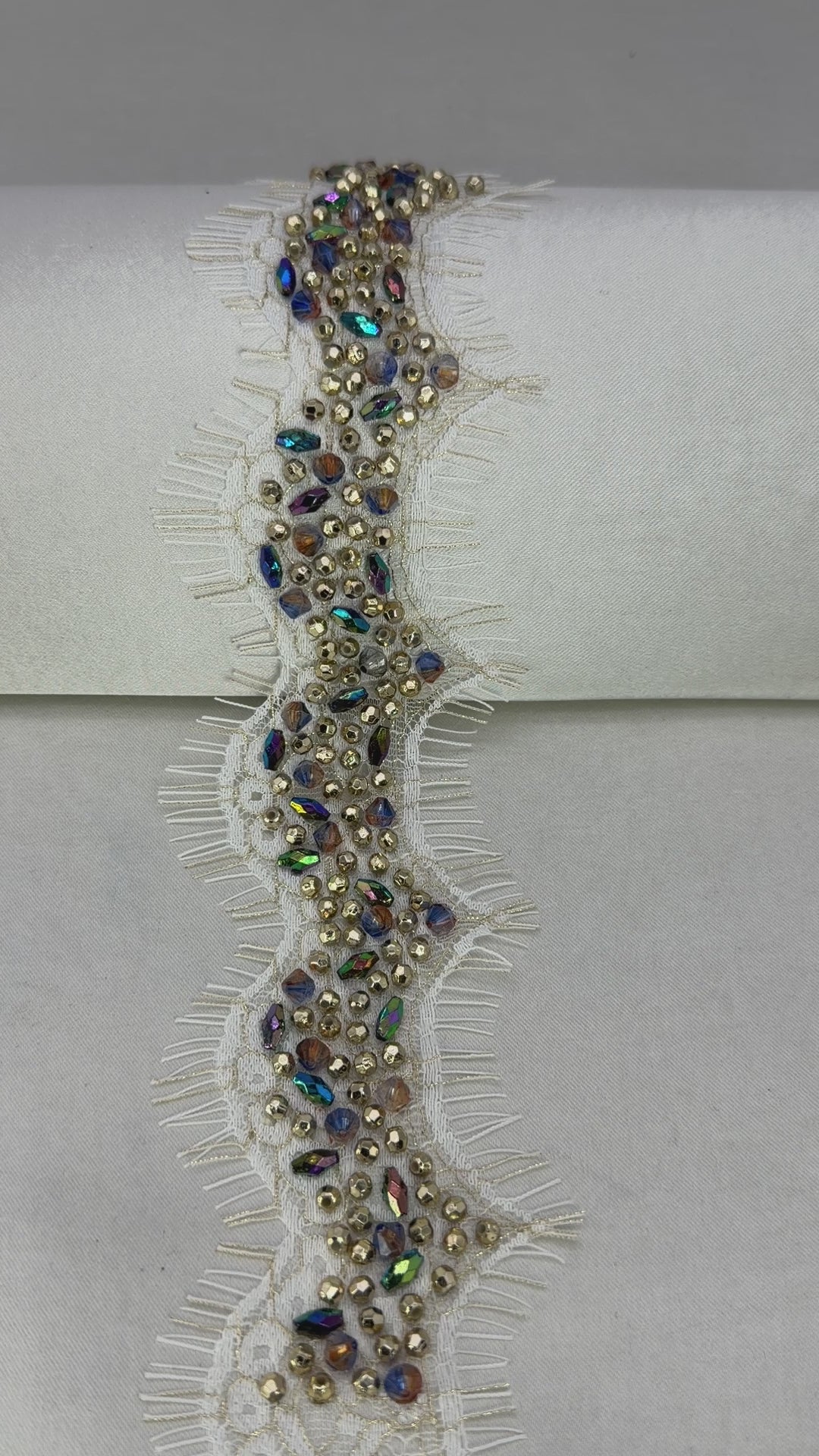 Multicolor Beaded Lace Trim, Iridescent Rhinestone & Gold Bead Trim, Bridal Couture Trim, Dress Embellishment, Sewing Trim by the Yard
