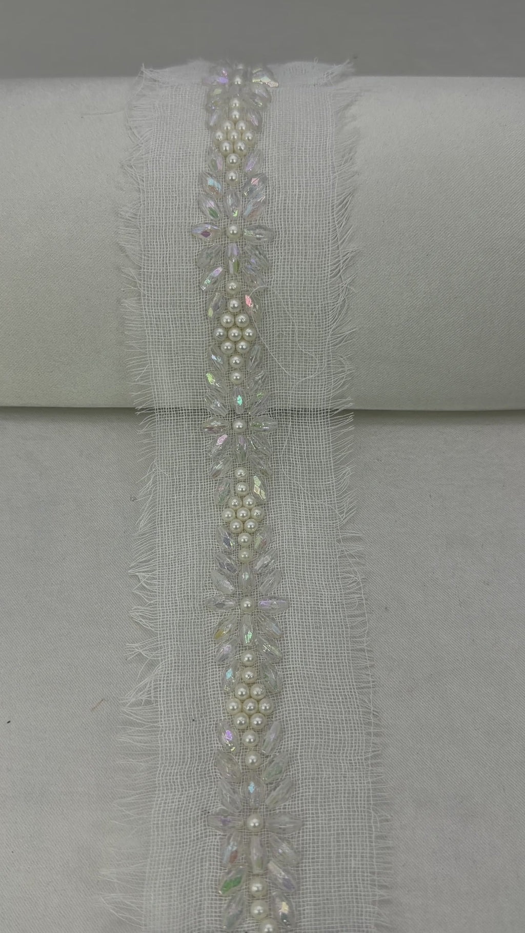 Pearls and Iridescent Crystal Beaded Lace Trim on light  gauze fabric - Self Adhesive and Sew on