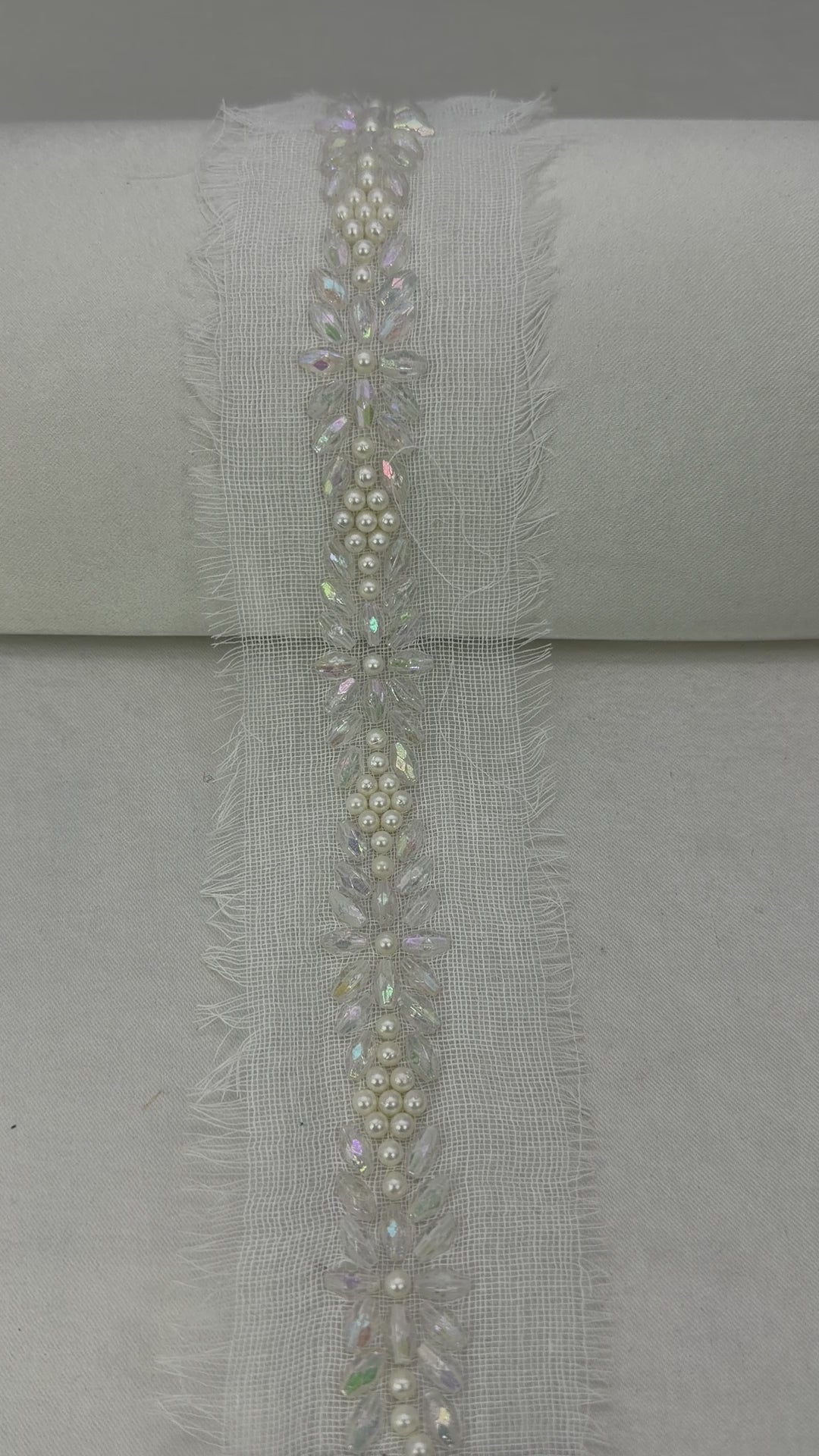 Pearls and Iridescent Crystal Beaded Lace Trim on light  gauze fabric - Self Adhesive and Sew on