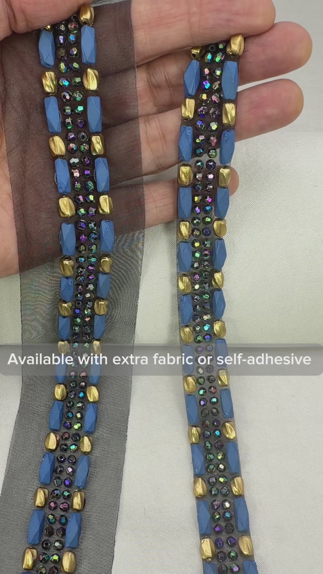 Iridescent Beads Bordered with matt Gold and  Blue Beads with AB blue beads in center on DIY Self Adhesive Trim