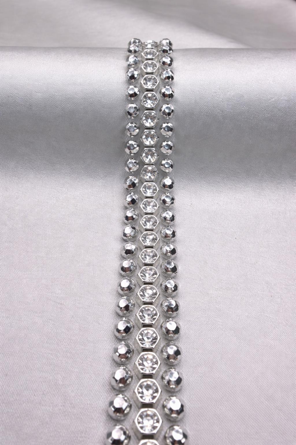 Rhinestone Pearl Beaded Trim by the Yard, Center Crystal Chain Trim with Beaded Edges, Bridal Designer Sewing Trim, Self Adhesive Option - Faraj Beading